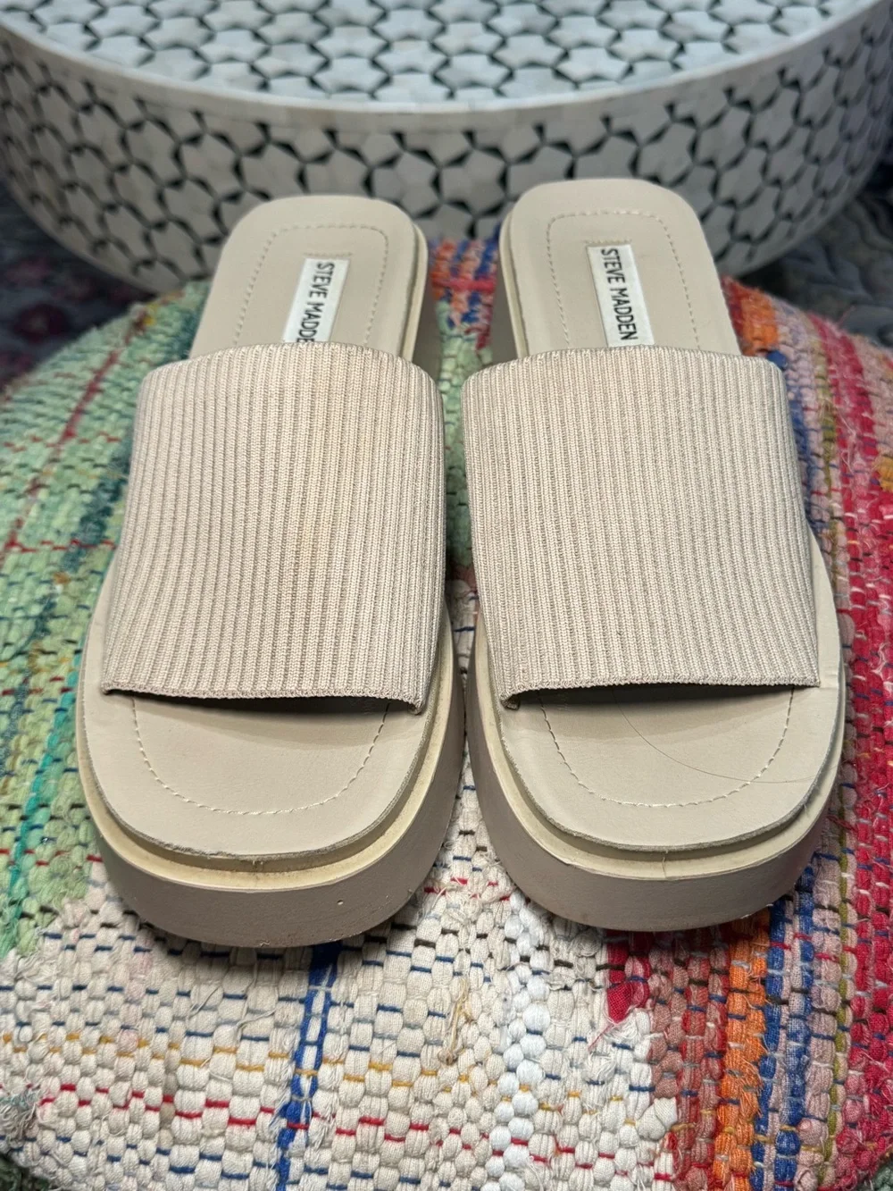 🫧🤍 Steve Madden Neutral Ribbed Slide Platform‎ Sandals in Beige 🤍🫧